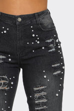 Load image into Gallery viewer, Distressed Pearl Embellished Feather Detail Jeans