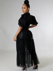 Black Fashion Casual Solid Patchwork Mesh Turndown Collar Shirt Dress Black