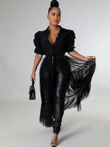 Black Fashion Casual Solid Patchwork Mesh Turndown Collar Shirt Dress Black
